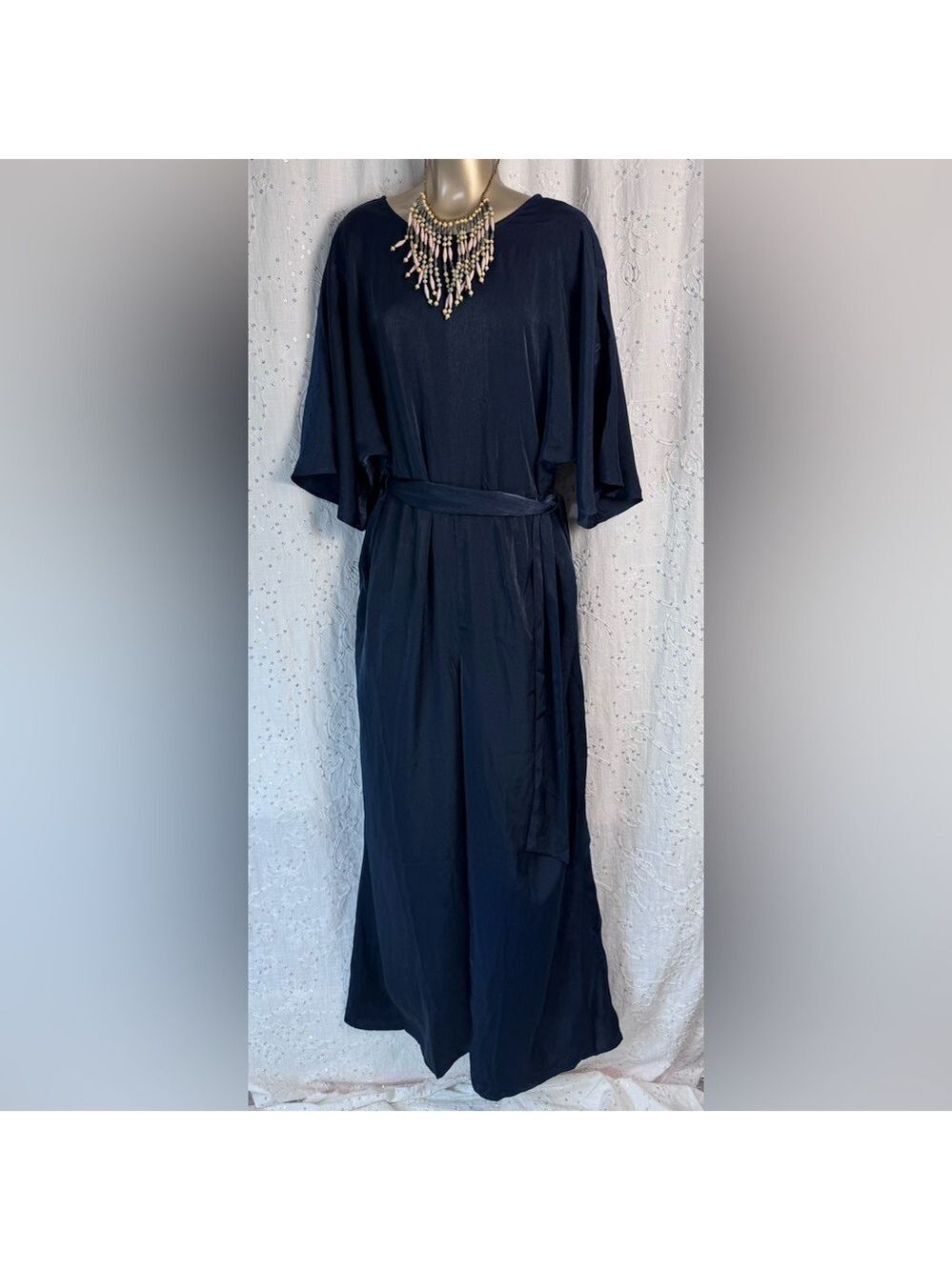 Ellos Satin Jumpsuit – Deep Blue Minimalist Glam (Size 14)